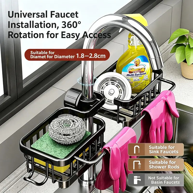 🥳2026 HOT SALE🥳💞50K+ SOLD! 🚿🧽 50% OFF! Faucet Sponge Holder Rack – space aluminum, rustproof, fast-drying, no tools. Organize sink & bathroom instantly! 🛡️✅