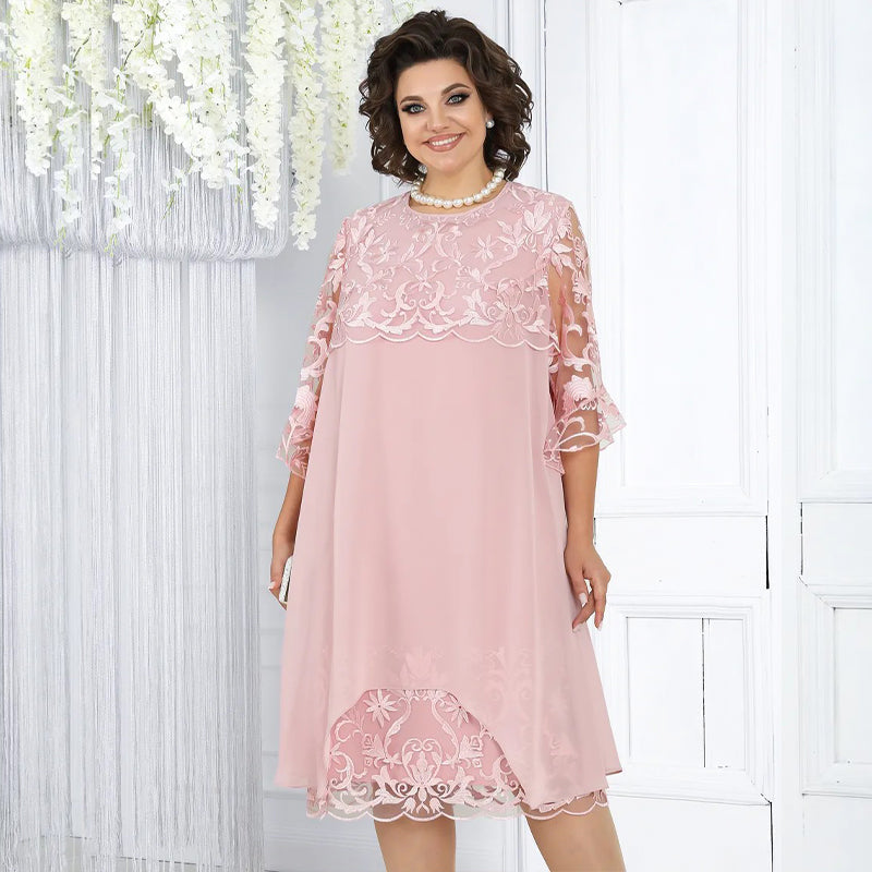 ๐ฅณ2026 HOT SALE๐ฅณ๐50K+ SOLD!๐๐จ 40% OFF! Sheer Lace Midi Dress โ Flattering round neck, soft & wrinkle-resistant. Sheer sleeves add elegance. Pink & blue, sizes up to 5XL. Every curve celebrated. ๐โ