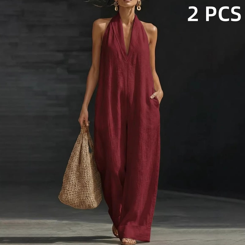 ๐ฅณ2026 HOT SALE๐ฅณ๐50K+ SOLD!๐๏ธ๐จ 50% OFF! Casual Linen Jumpsuit โ Halter V-neck, flowy wide-leg. Soft & breathable, keeps you cool. Side pockets for essentials. Your goโto summer piece. ๐โ