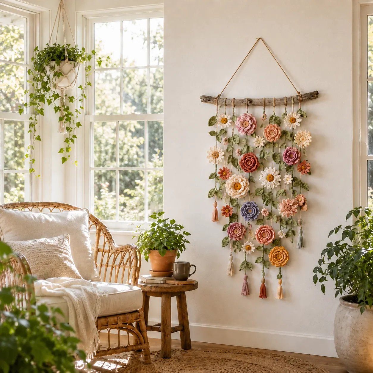 🥳2026 HOT SALE🥳💞50K+ SOLD!🌸🌿 50% OFF! Crochet Flower Wall Hanging Decor – Handmade boho floral design, tassel accents & rustic wooden branch. Adds warmth & charm to any room – instant cosy upgrade! 🏡✨
