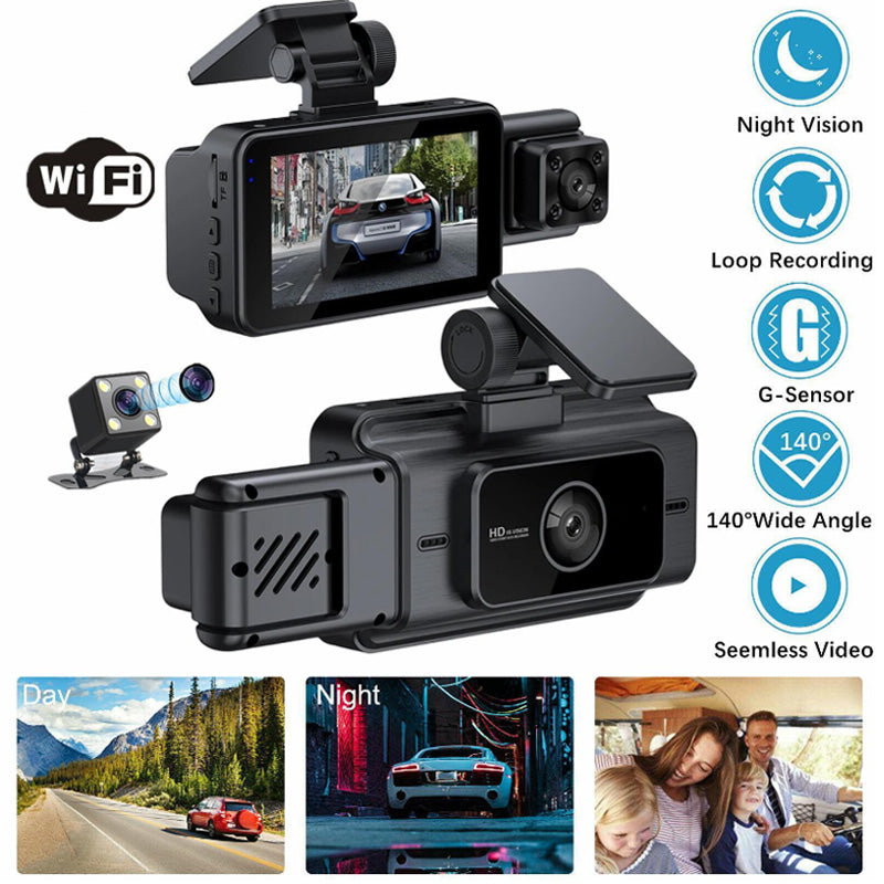 🥳2026 HOT SALE🥳💞50K+ SOLD! 📢📢50% OFF !! ⏰🚗🛡️ 3-Channel Dash Camera – front, rear & interior. Superior night vision captures every detail. WiFi, loop recording & G-sensor. Drive with proof! 📹✅