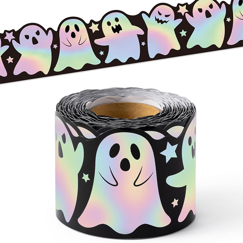 🥳2026 HOT SALE🥳💞50K+ SOLD! 🌙✨ 50% OFF! Holographic Ghost Border Sticker – Dazzling laser effect, playful ghost silhouettes. 5m roll – enough for doors, bulletin boards & party backdrops! 🎉👻