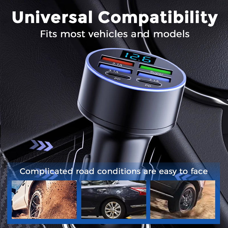 🥳2026 HOT SALE🥳💞50K+ SOLD! 🚗⚡ 6-In-1 Car Fast Phone Charger with Voltage Display – triple-speed charging, real-time voltage monitoring, smart chip protection. Universal fit for cars, SUVs & trucks! 🛡️✅