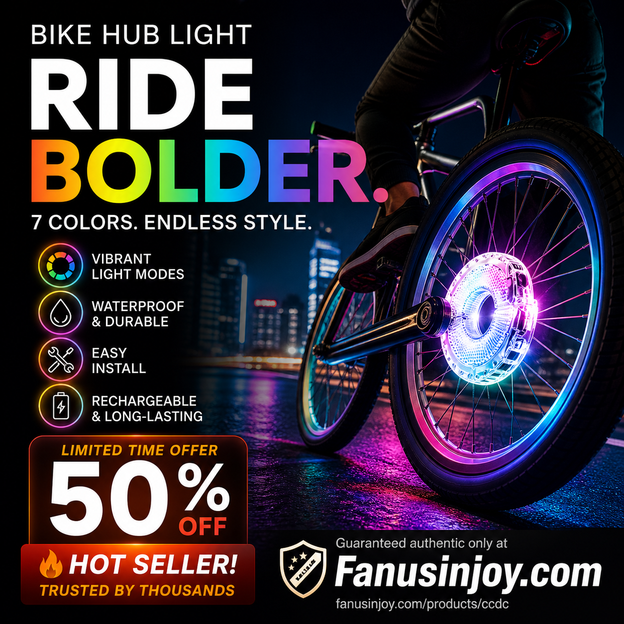 🥳2026 HOT SALE🥳💞50K+ SOLD!🚴✨ 50% OFF! Bike Wheel Hub Light – 7 vibrant colours & 18 dynamic modes. IP65 waterproof, 8‑12hr battery. Quick snap‑fit – light up your night ride! 🌙💡