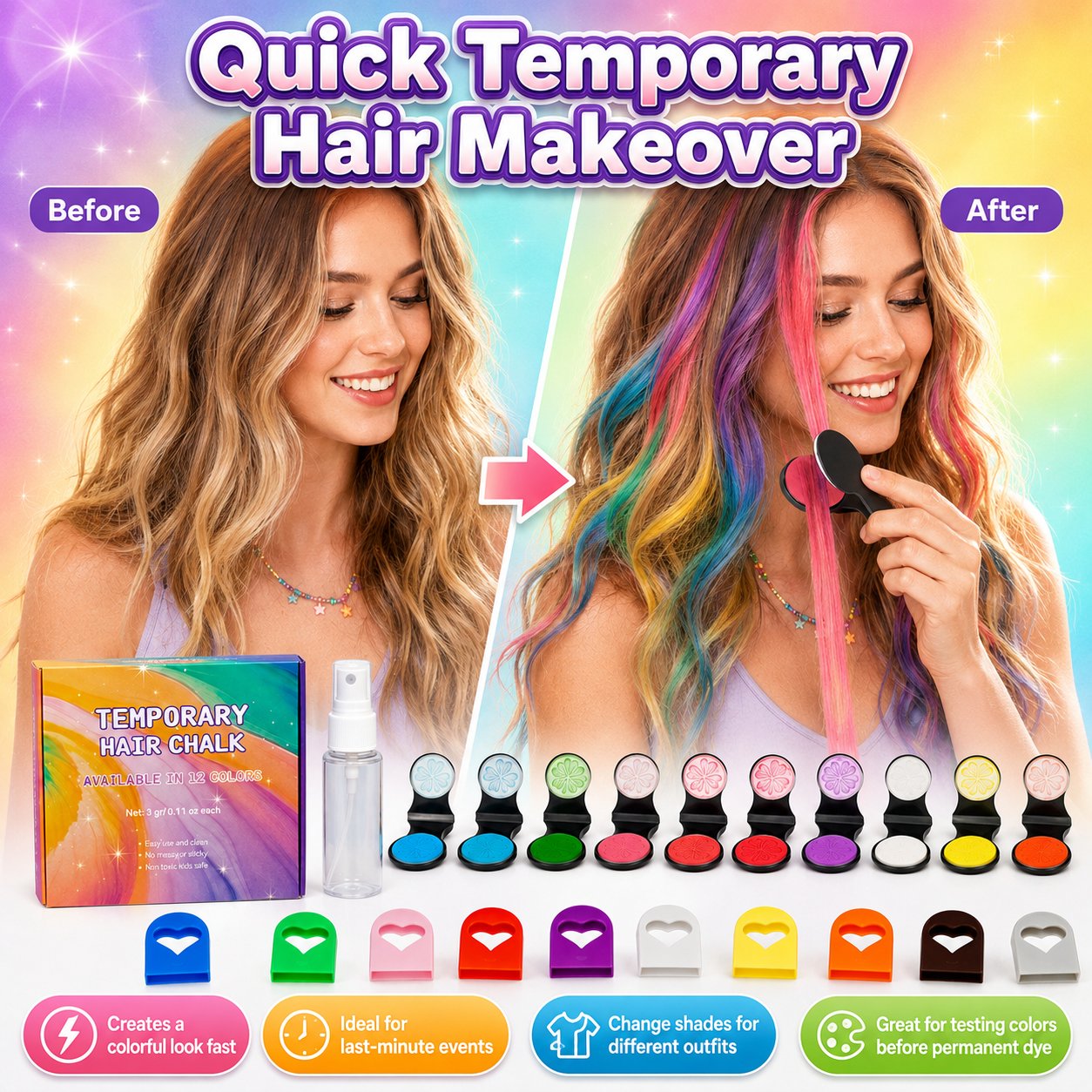🥳2026 HOT SALE🥳💞50K+ SOLD! 🌈🎨 50% OFF! 12-Color Temporary Hair Chalk Applicator Set – Vibrant shades for highlights, streaks & full-color fun. Easy clamp-on application – wash out with shampoo! Perfect for parties, festivals & cosplay! 🎉✨