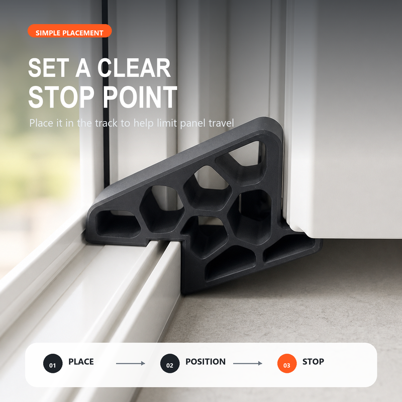 🥳2026 HOT SALE🥳💞50K+ SOLD! 🚪✨ BUY 1 GET 1 FREE! Secure Track Door Stop – Absorbs impact, reduces slamming & protects rails. Compact locking design – fits sliding windows & balcony doors! 🛡️🔇