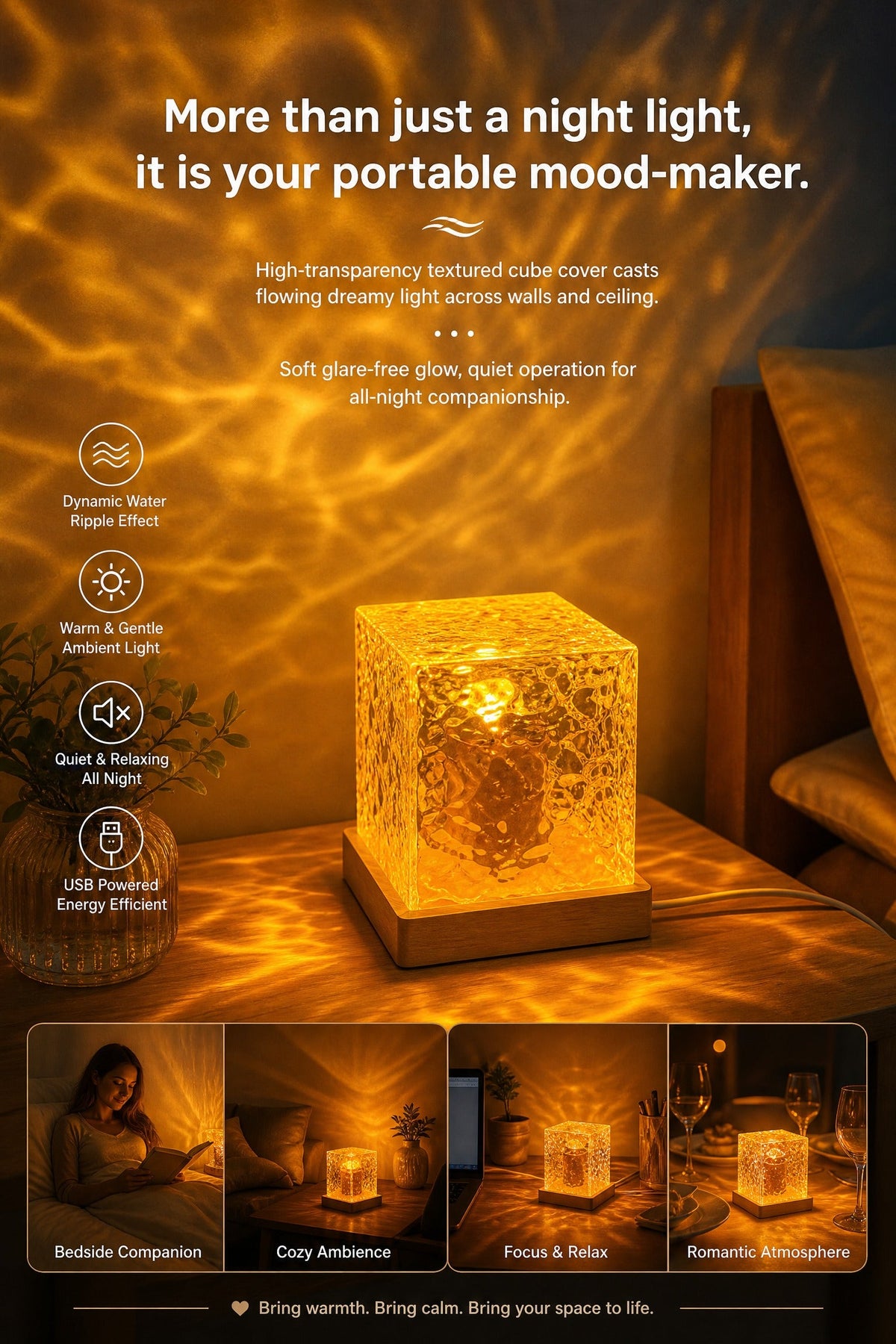 🥳2026 HOT SALE🥳💞50K+ SOLD! 🌊💤 50% OFF! Dynamic Water Ripple LED Light – soothing ripple effect, soft flicker-free glow. USB powered, 3W, ideal for bedtime relaxation & reading. 🛋️✨