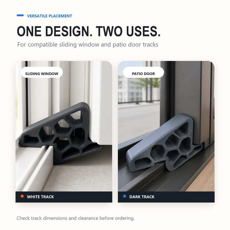 🥳2026 HOT SALE🥳💞50K+ SOLD! 🚪✨ BUY 1 GET 1 FREE! Secure Track Door Stop – Absorbs impact, reduces slamming & protects rails. Compact locking design – fits sliding windows & balcony doors! 🛡️🔇