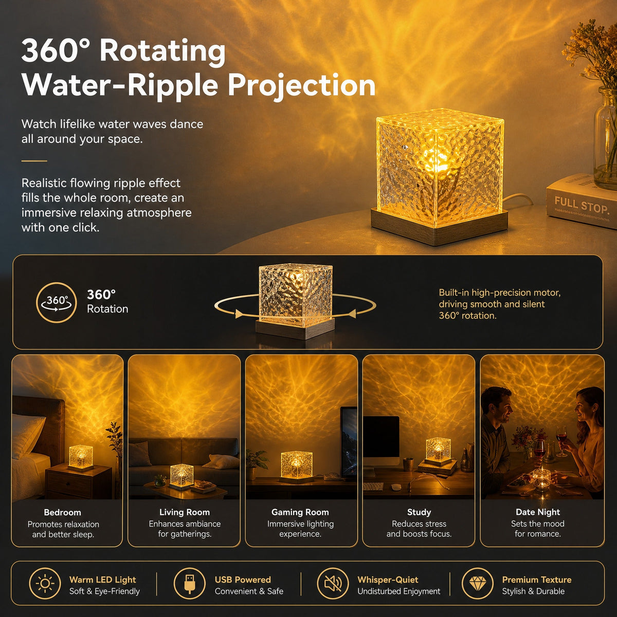 🥳2026 HOT SALE🥳💞50K+ SOLD! 🌊💤 50% OFF! Dynamic Water Ripple LED Light – soothing ripple effect, soft flicker-free glow. USB powered, 3W, ideal for bedtime relaxation & reading. 🛋️✨