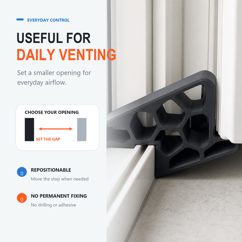 🥳2026 HOT SALE🥳💞50K+ SOLD! 🚪✨ BUY 1 GET 1 FREE! Secure Track Door Stop – Absorbs impact, reduces slamming & protects rails. Compact locking design – fits sliding windows & balcony doors! 🛡️🔇