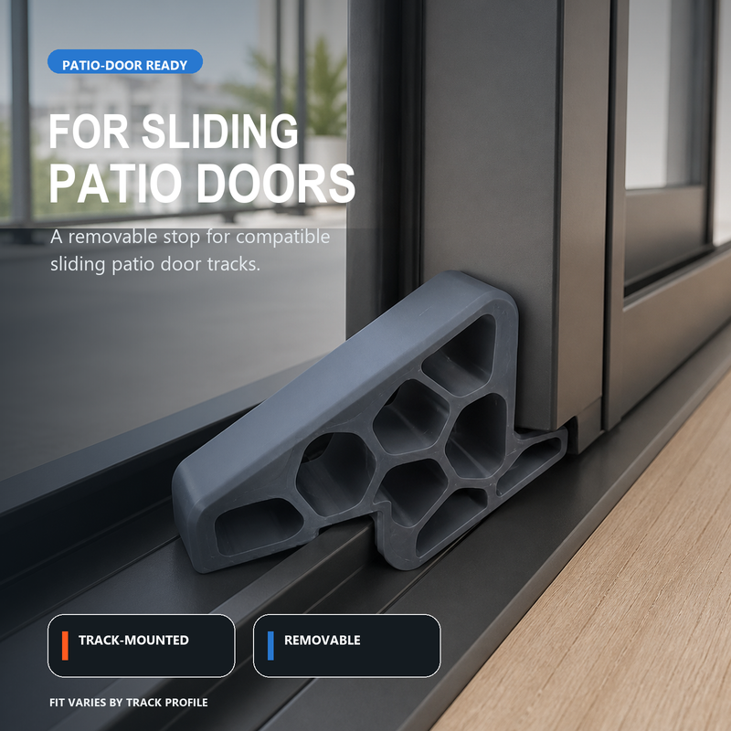 🥳2026 HOT SALE🥳💞50K+ SOLD! 🚪✨ BUY 1 GET 1 FREE! Secure Track Door Stop – Absorbs impact, reduces slamming & protects rails. Compact locking design – fits sliding windows & balcony doors! 🛡️🔇