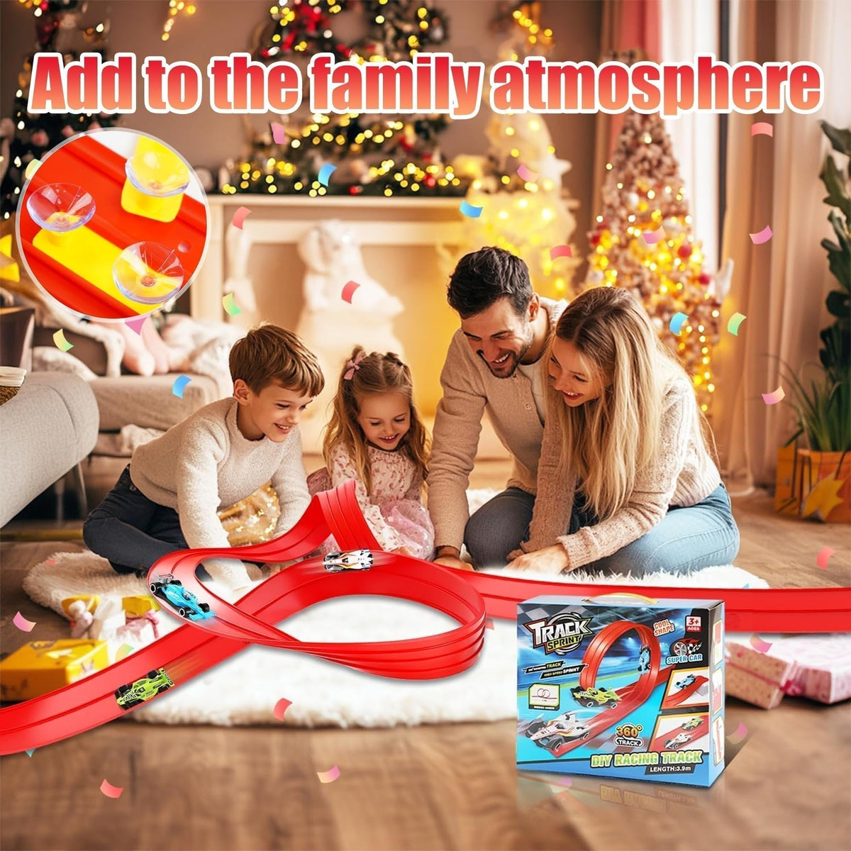🥳2026 HOT SALE🥳💞50K+ SOLD! 🚗✨ DIY Racing Track Set – 13.1ft flexible track, suction cups & 4 alloy cars. Kids build loops & ramps, no tools needed. Screen-free fun! 🎁💪