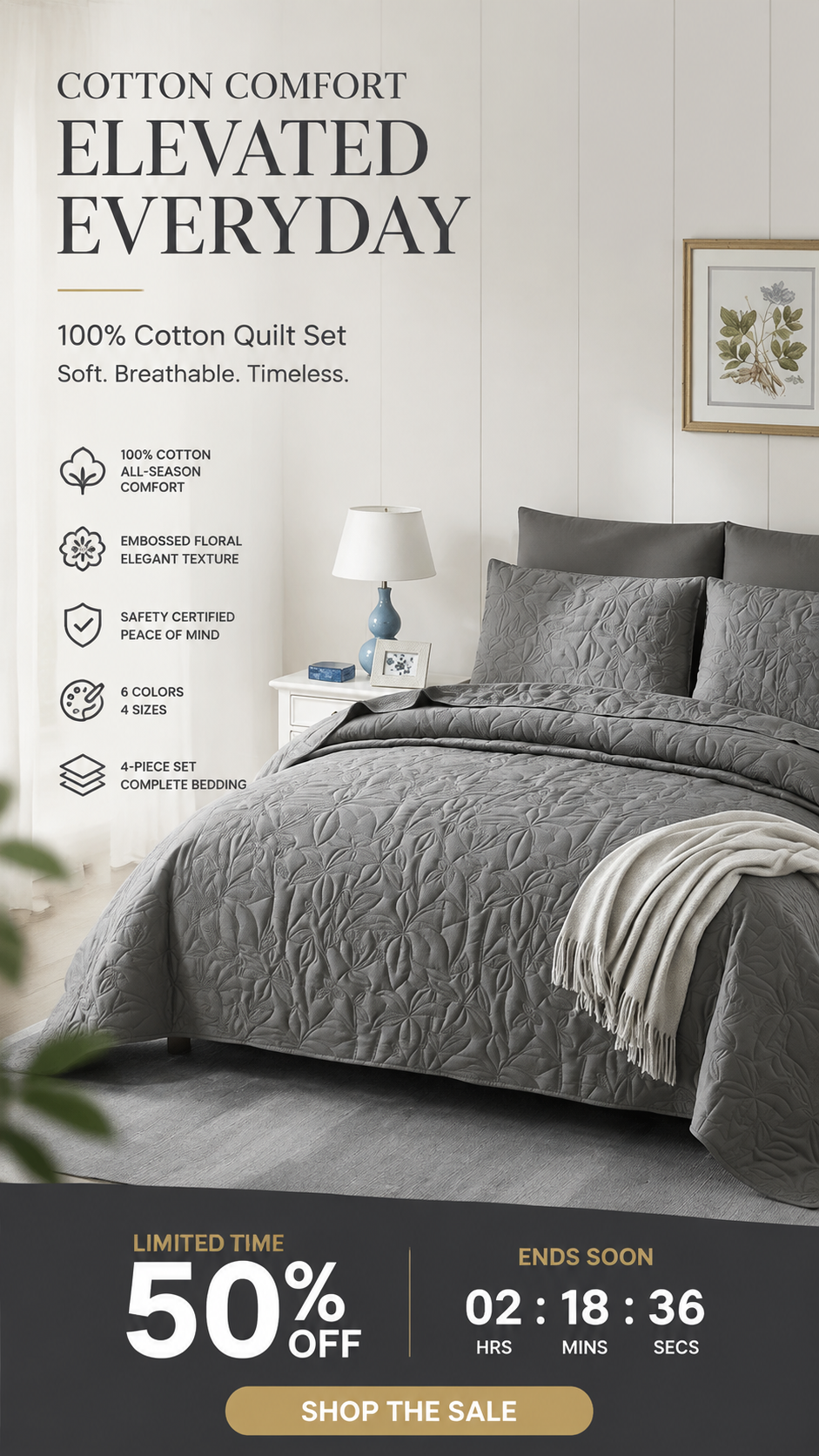 🥳2026 HOT SALE🥳💞50K+ SOLD! 🛏️✨ 50% OFF! 100% Cotton Bedding 4-Piece Set – embossed floral pattern, breathable & certified safe. Duvet cover, sheet & 2 pillowcases. Cosy all year round! 🛡️💚
