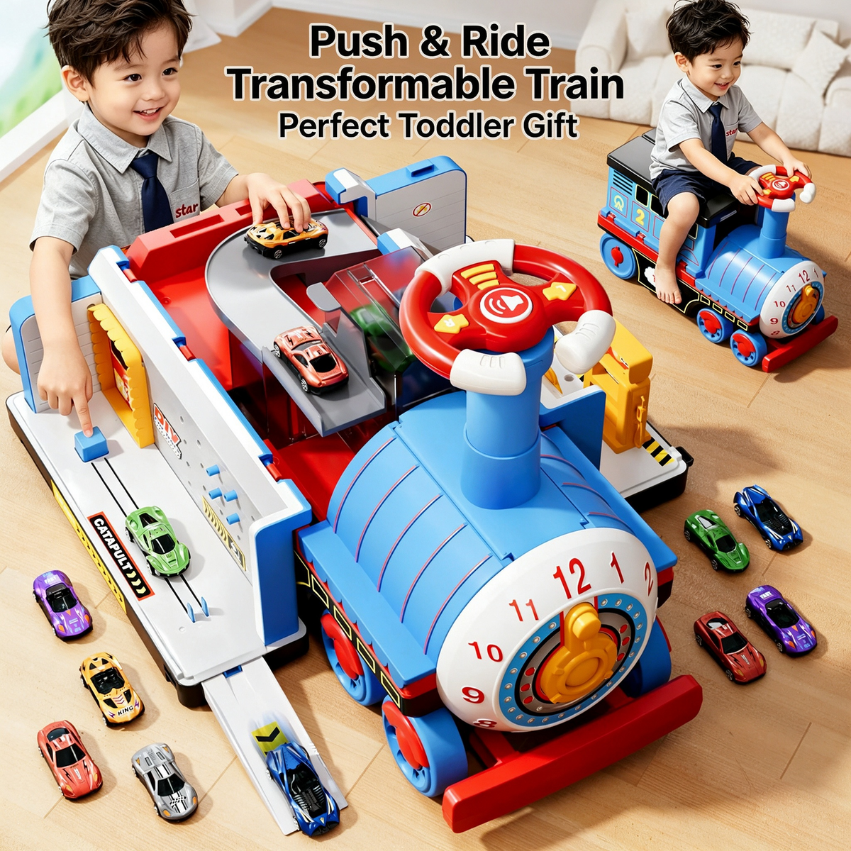 🥳2026 HOT SALE🥳💞50K+ SOLD! 🚂🎁 50% OFF! Large Rideable Toy Train – 4 play modes: push, pull, sit & play. Includes 6/12 die-cast cars & storage wagons. Safe, sturdy, ages 4-6. Perfect Christmas gift! 🛡️✨