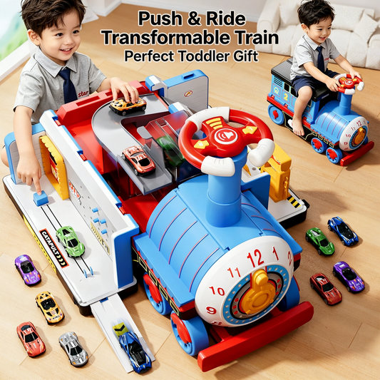 🥳2026 HOT SALE🥳💞50K+ SOLD! 🚂🎁 50% OFF! Large Rideable Toy Train – 4 play modes: push, pull, sit & play. Includes 6/12 die-cast cars & storage wagons. Safe, sturdy, ages 4-6. Perfect Christmas gift! 🛡️✨