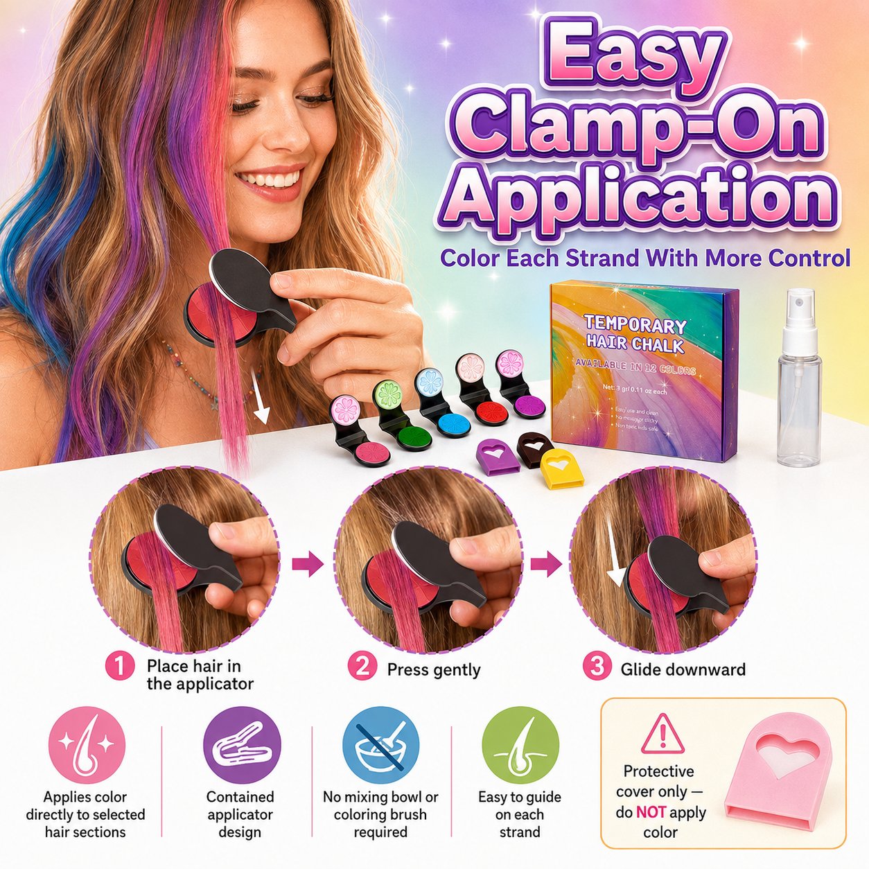 🥳2026 HOT SALE🥳💞50K+ SOLD! 🌈🎨 50% OFF! 12-Color Temporary Hair Chalk Applicator Set – Vibrant shades for highlights, streaks & full-color fun. Easy clamp-on application – wash out with shampoo! Perfect for parties, festivals & cosplay! 🎉✨