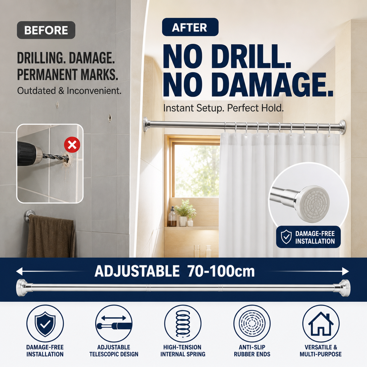 🥳2026 HOT SALE🥳💞50K+ SOLD! 🛁🔧 Adjustable Tension Rod – no drills, no screws, no wall damage! Strong internal spring holds up to 15KG. Fits 70-292cm – perfect for showers, curtains & windows! 🏠✅