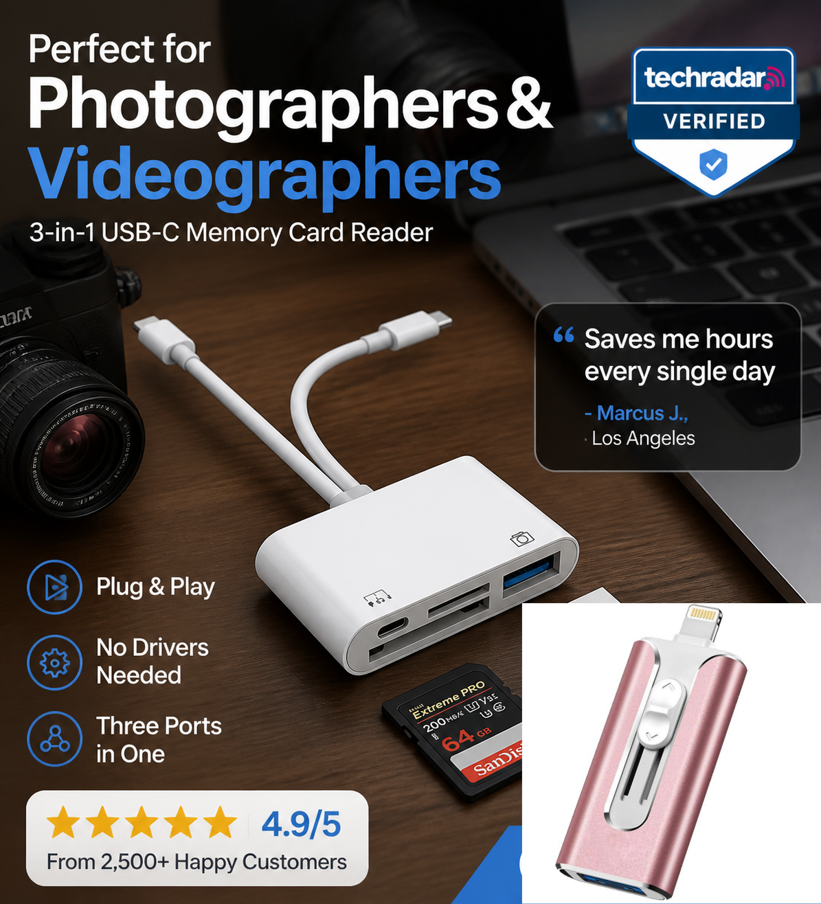 🥳2026 HOT SALE🥳💞50K+ SOLD! 💾🔌 50% OFF! 3-in-1 USB-C Memory Card Reader – reads SD, microSD & CF cards. Plug & play, fast transfer. For phone, laptop & Android! 🔥📱