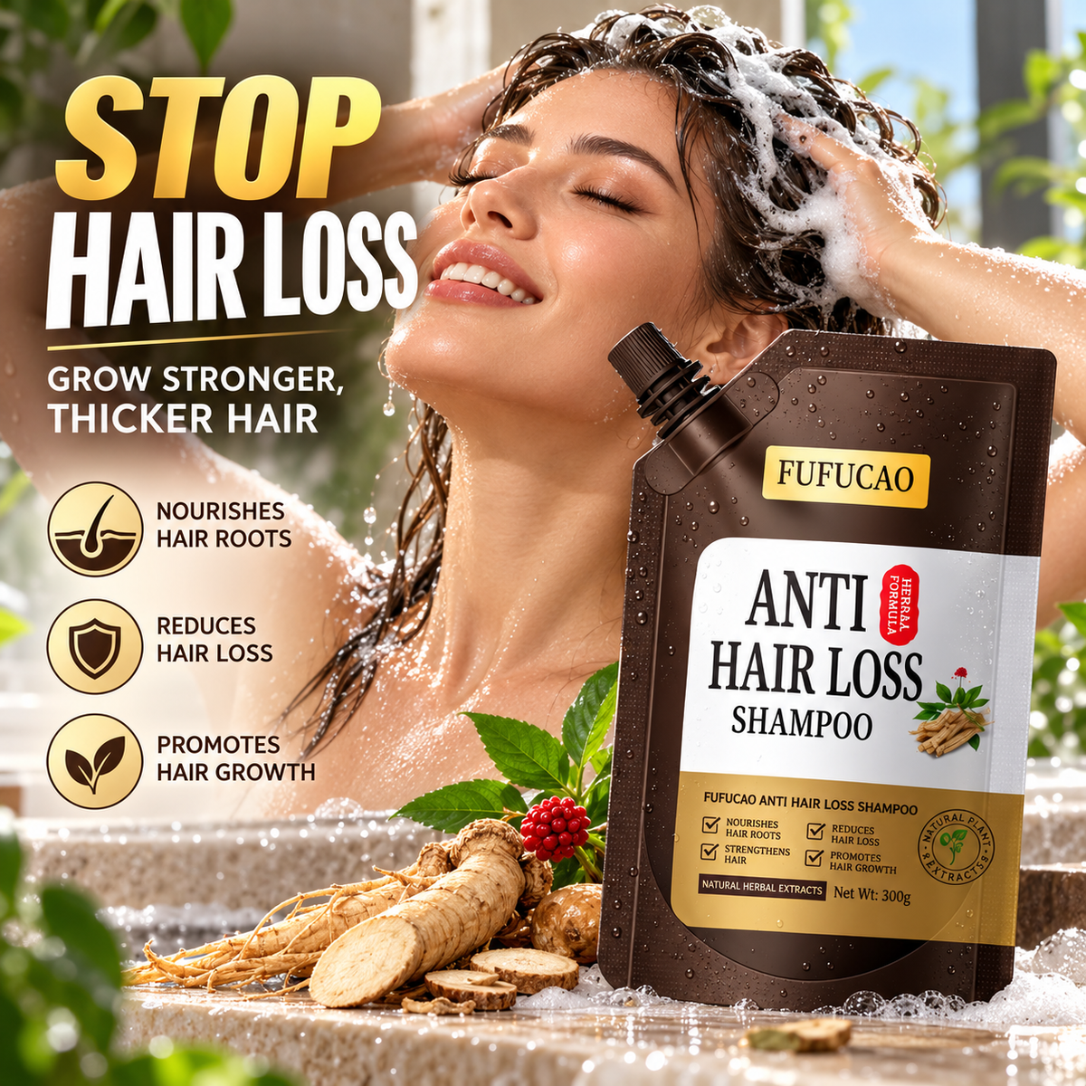 🥳2026 HOT SALE🥳💞50K+ SOLD! 🌿✨ 50% OFF! FUFUCAO Anti-Hair Loss Shampoo – natural herbal extracts nourish roots, reduce thinning & promote thicker growth. 300g! 💪💚
