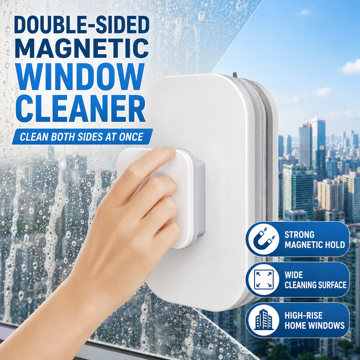 🥳2026 HOT SALE🥳💞50K+ SOLD! ⚡ 50% OFF! 6‑in‑1 Magnetic Glass Cleaner – 30% wider cleaning area, perfect for high‑rise windows. Dual pads + squeegee – flawless results from the first pass! 🧊🌀