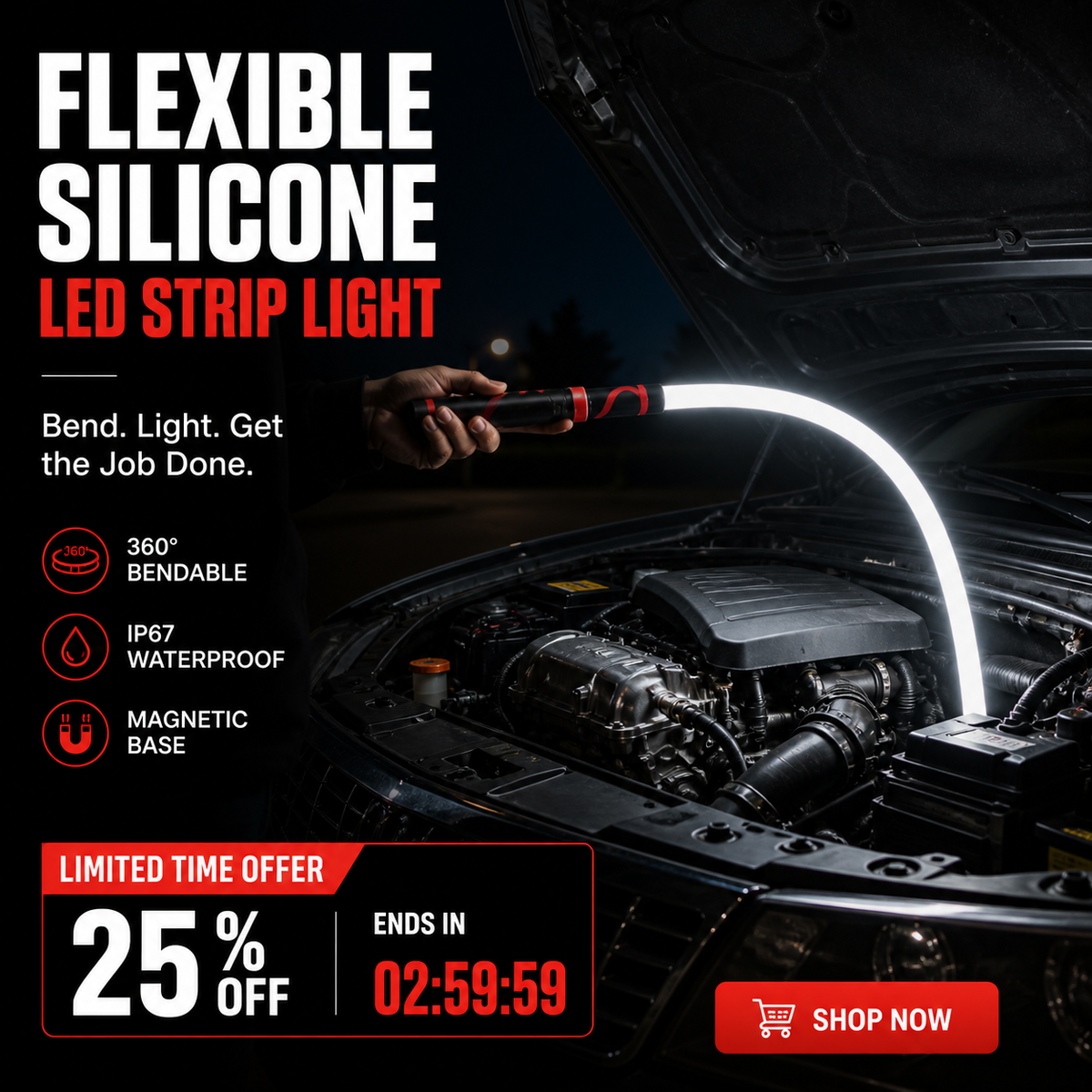 🥳2026 HOT SALE🥳💞50K+ SOLD! 💡✨ 50% OFF! Flexible Silicone LED Strip Light – bend & shape anywhere, 3 brightness modes, Type-C rechargeable, waterproof. Perfect for indoor & outdoor! 🛡️💪