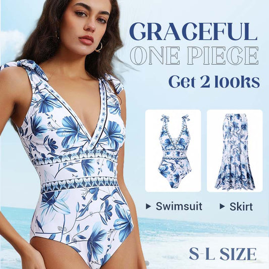 🥳2026 HOT SALE🥳💞50K+ SOLD!👵🌊Limited time clearance price - V-Neck Lace Up One Piece Swimsuit with Skirt – Feel confident at the beach! Built-in skirt offers gentle coverage. Lace-up neck, adjustable fit. Quick-dry fabric, comfy all day. 🏖️🌸