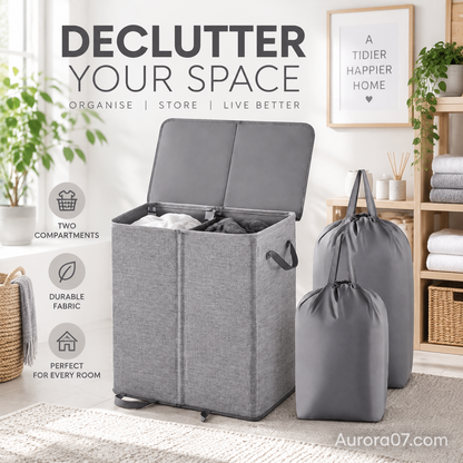 🥳2026 HOT SALE🥳💞50K+ SOLD! 🧺✨ 50% OFF! Two-Compartment Laundry Basket with Lid – removable inner bags separate whites & coloureds. Keep laundry organised & tidy! 🏠💪