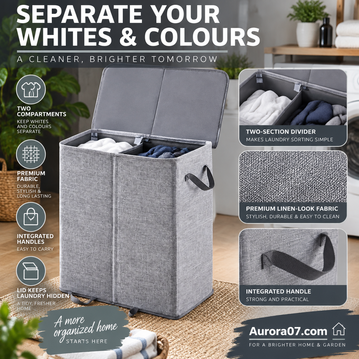 🥳2026 HOT SALE🥳💞50K+ SOLD! 🧺✨ 50% OFF! Two-Compartment Laundry Basket with Lid – removable inner bags separate whites & coloureds. Keep laundry organised & tidy! 🏠💪