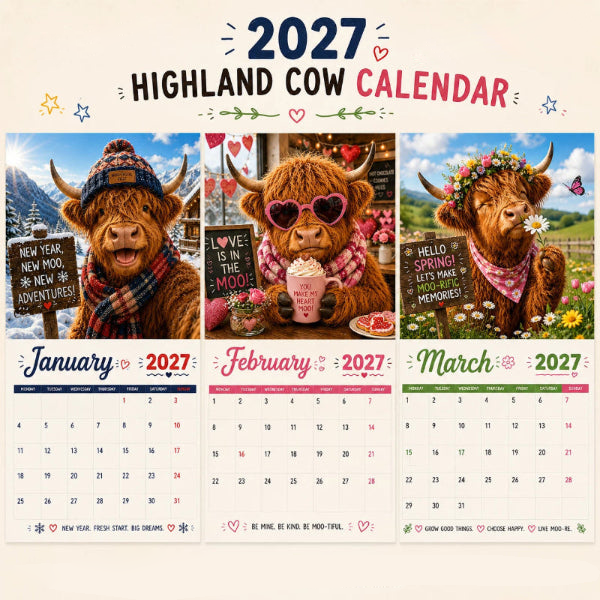 🥳2026 HOT SALE🥳💞50K+ SOLD!🐮📅 50% OFF! 2027 Funny Highland Cow Wall Calendar – 12 exclusive seasonal designs, A4 spiral binding. A smile on your wall every month! 😂✨