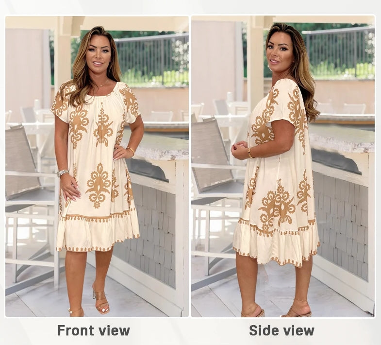 🥳2026 HOT SALE🥳💞50K+ SOLD!🏖️🌺 50% OFF! Multi-Print Square Neck Dress – Bold geometric pattern, easy pull-on style. Dress up with heels or down with flats. Effortless style. 👡🕊️