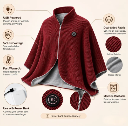 🥳2026 HOT SALE🥳💞50K+ SOLD! 🔥❄️ Christmas Sale 50% OFF! Portable Soft Zipper Electric Heated Blanket Shawl – fast heating, 3 heat levels, USB powered & washable. Stay warm anywhere! ☀️💪