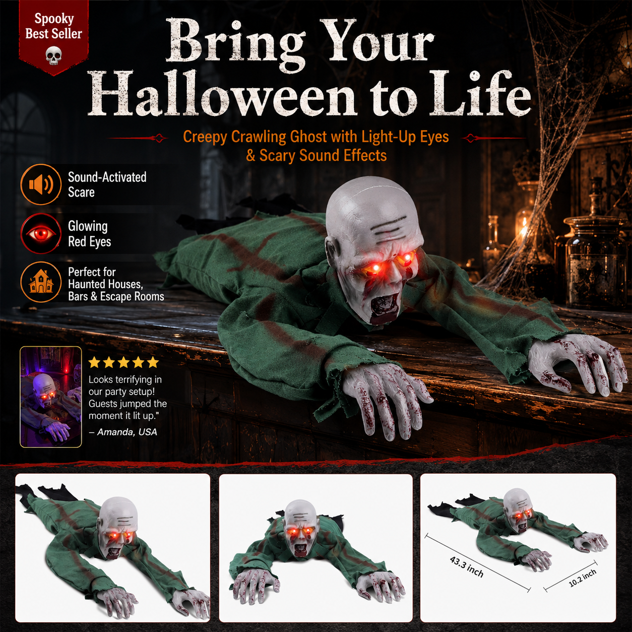 🥳2026 HOT SALE🥳💞50K+ SOLD! 👻🔊 50% OFF! Halloween Crawling Ghost Prop – Motion‑activated, spooky sounds & glowing eyes. 110cm realistic zombie – perfect for yard, graveyard & party scenes! 🎃✨