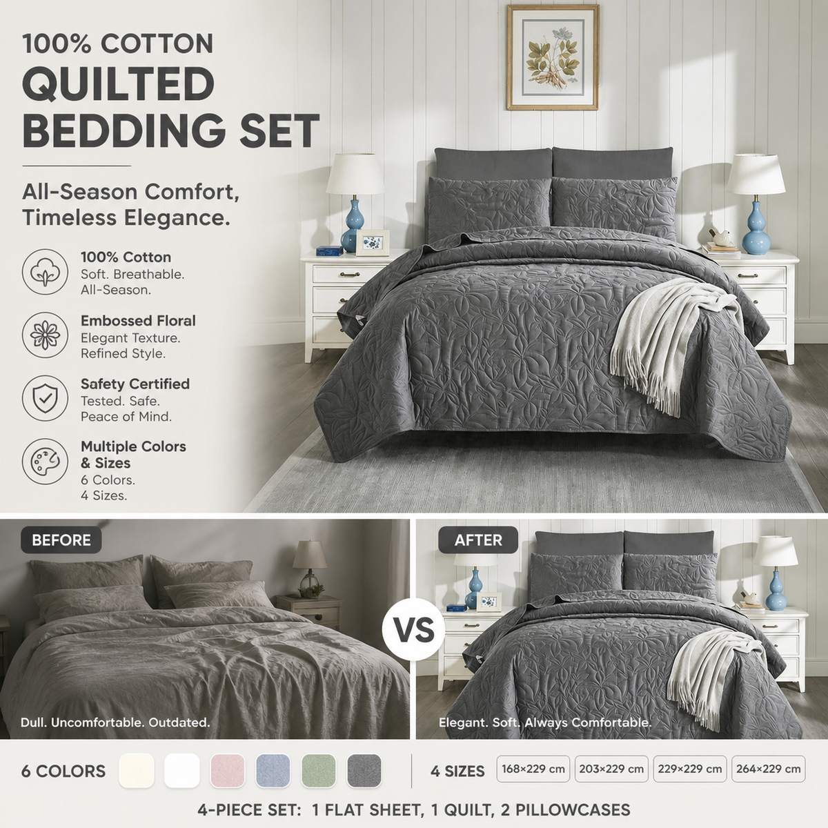 🥳2026 HOT SALE🥳💞50K+ SOLD! 🛏️✨ 50% OFF! 100% Cotton Bedding 4-Piece Set – embossed floral pattern, breathable & certified safe. Duvet cover, sheet & 2 pillowcases. Cosy all year round! 🛡️💚
