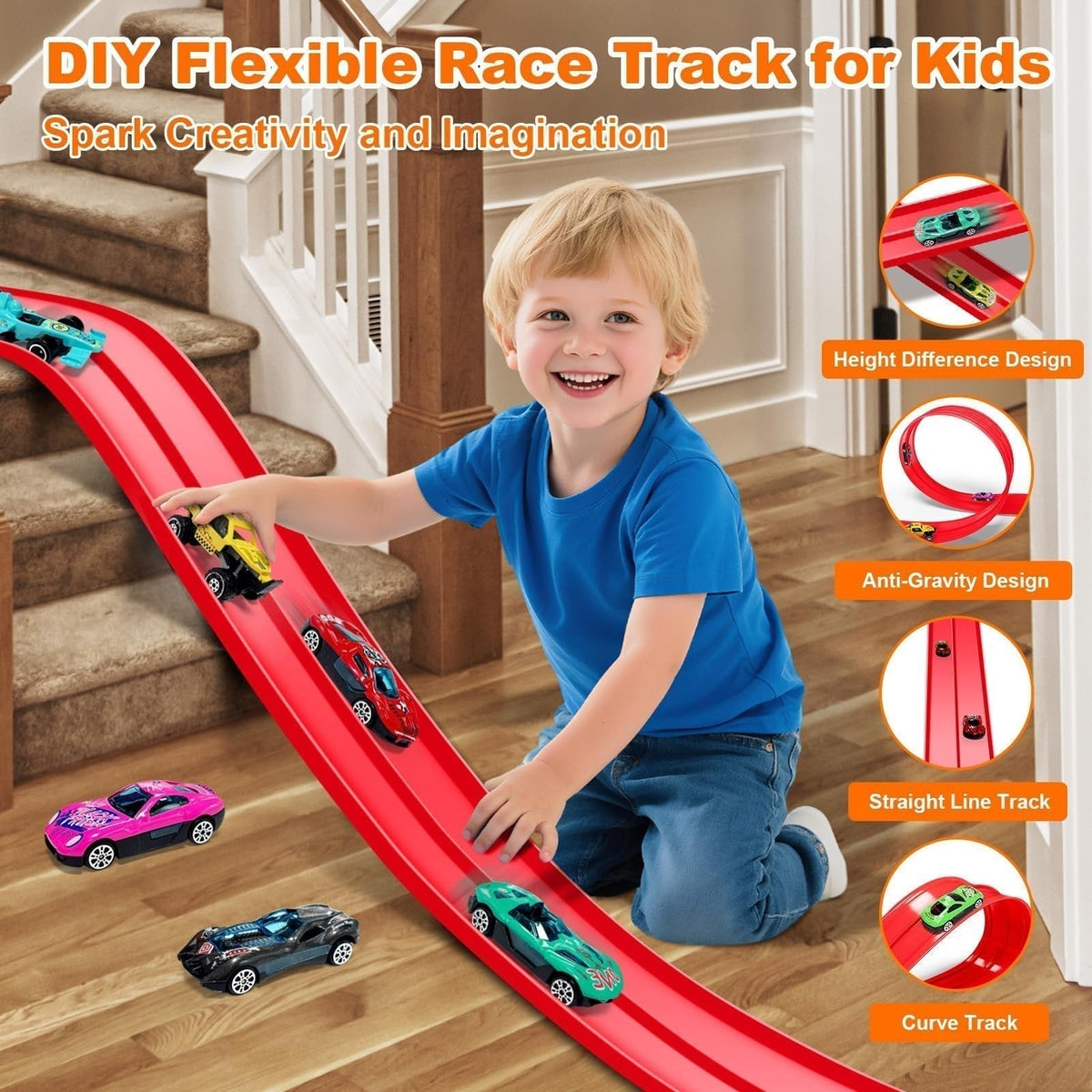🥳2026 HOT SALE🥳💞50K+ SOLD! 🚗✨ DIY Racing Track Set – 13.1ft flexible track, suction cups & 4 alloy cars. Kids build loops & ramps, no tools needed. Screen-free fun! 🎁💪