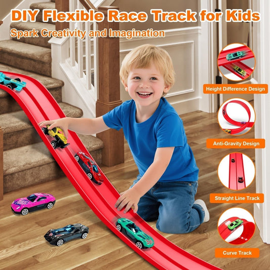 🥳2026 HOT SALE🥳💞50K+ SOLD! 🚗✨ DIY Racing Track Set – 13.1ft flexible track, suction cups & 4 alloy cars. Kids build loops & ramps, no tools needed. Screen-free fun! 🎁💪