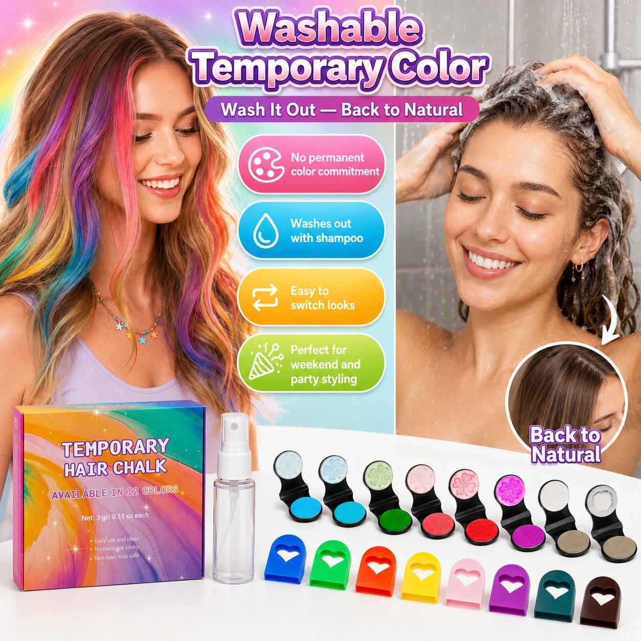 🥳2026 HOT SALE🥳💞50K+ SOLD! 🌈🎨 50% OFF! 12-Color Temporary Hair Chalk Applicator Set – Vibrant shades for highlights, streaks & full-color fun. Easy clamp-on application – wash out with shampoo! Perfect for parties, festivals & cosplay! 🎉✨