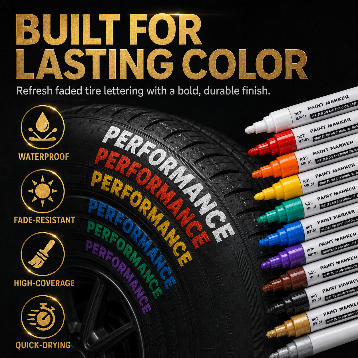 🥳2026 HOT SALE🥳💞50K+ SOLD! ✏️🔧 50% OFF! Oil-Based Waterproof Tire Marker Pen – 12 vibrant colors, waterproof & fade‑resistant. Perfect for tires, metal, glass & DIY crafts – bold marks that last! 🎨🚗