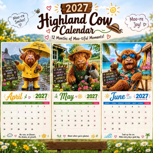🥳2026 HOT SALE🥳💞50K+ SOLD!🐮📅 50% OFF! 2027 Funny Highland Cow Wall Calendar – 12 exclusive seasonal designs, A4 spiral binding. A smile on your wall every month! 😂✨