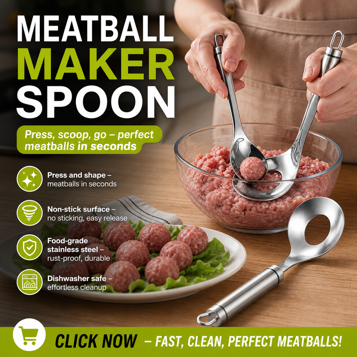 🥳2026 HOT SALE🥳💞50K+ SOLD! 🥩🍴 BUY 1 GET 1 FREE + 50% OFF! Meatball Spoon – Non‑stick, scoop & drain in one. No more messy hands – perfect meatballs in seconds! Only £6.99 – a must‑have kitchen gadget! 🎁✨