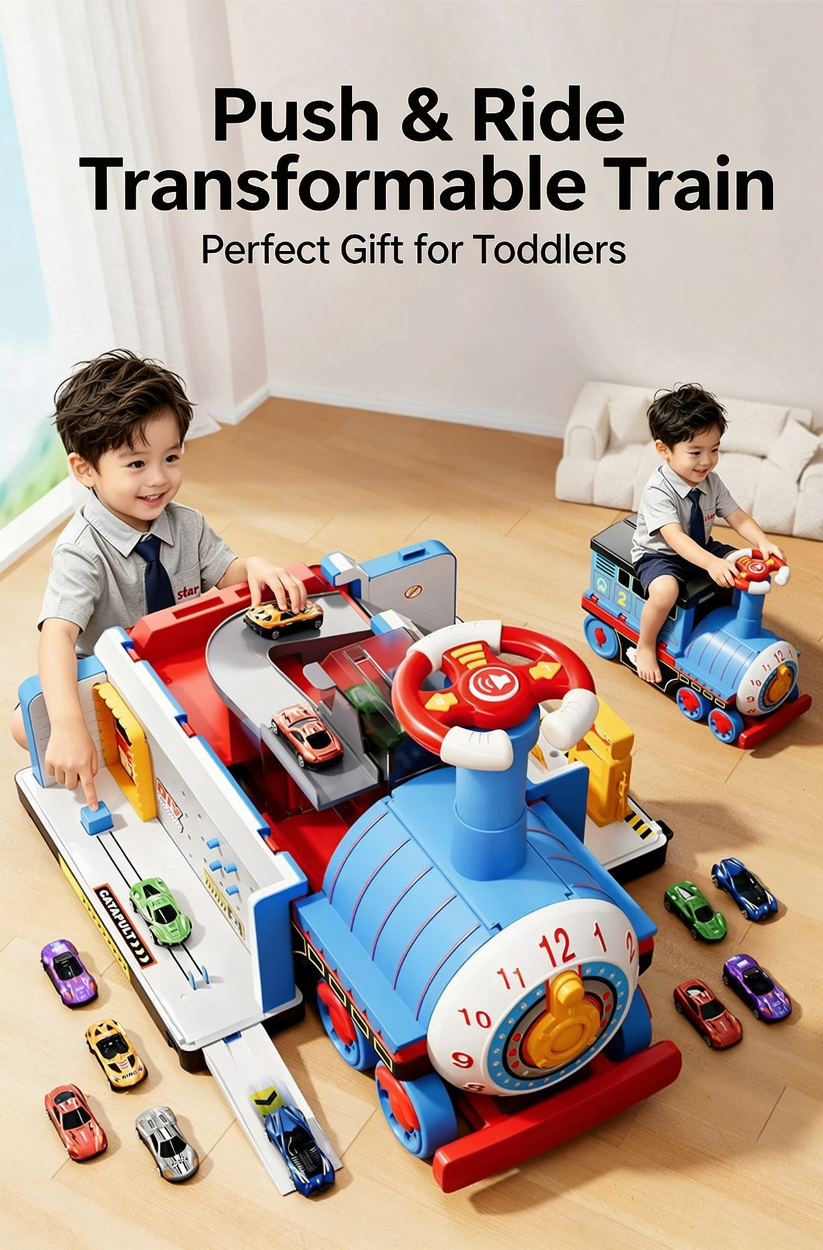 🥳2026 HOT SALE🥳💞50K+ SOLD! 🚂🎁 50% OFF! Large Rideable Toy Train – 4 play modes: push, pull, sit & play. Includes 6/12 die-cast cars & storage wagons. Safe, sturdy, ages 4-6. Perfect Christmas gift! 🛡️✨