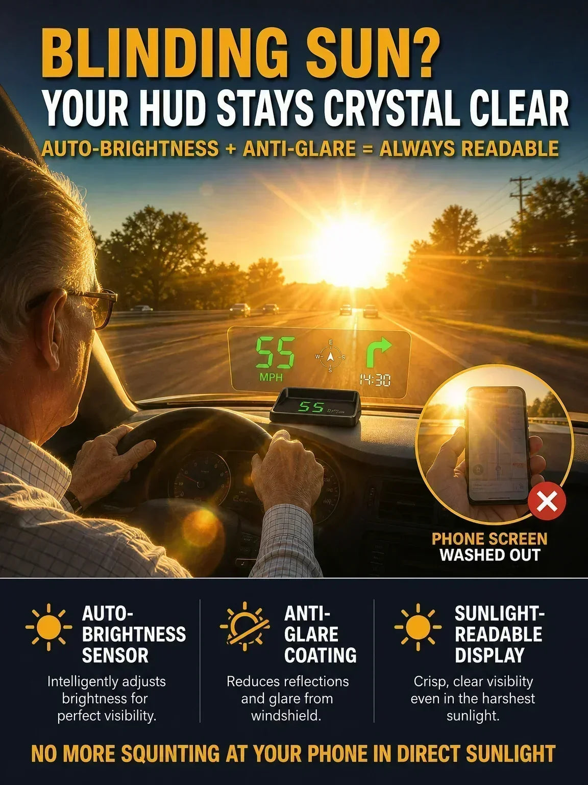 🥳2026 HOT SALE🥳💞50K+ SOLD!🚗⚡ 50% OFF! HUD Car GPS Speedometer – Traffic light countdown & red light camera alerts. Speed & direction on windscreen – no more looking down! 🛡️✨