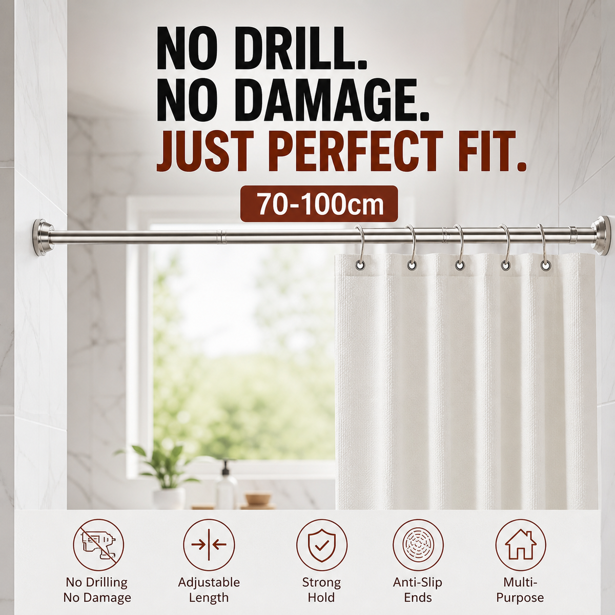 🥳2026 HOT SALE🥳💞50K+ SOLD! 🛁🔧 Adjustable Tension Rod – no drills, no screws, no wall damage! Strong internal spring holds up to 15KG. Fits 70-292cm – perfect for showers, curtains & windows! 🏠✅
