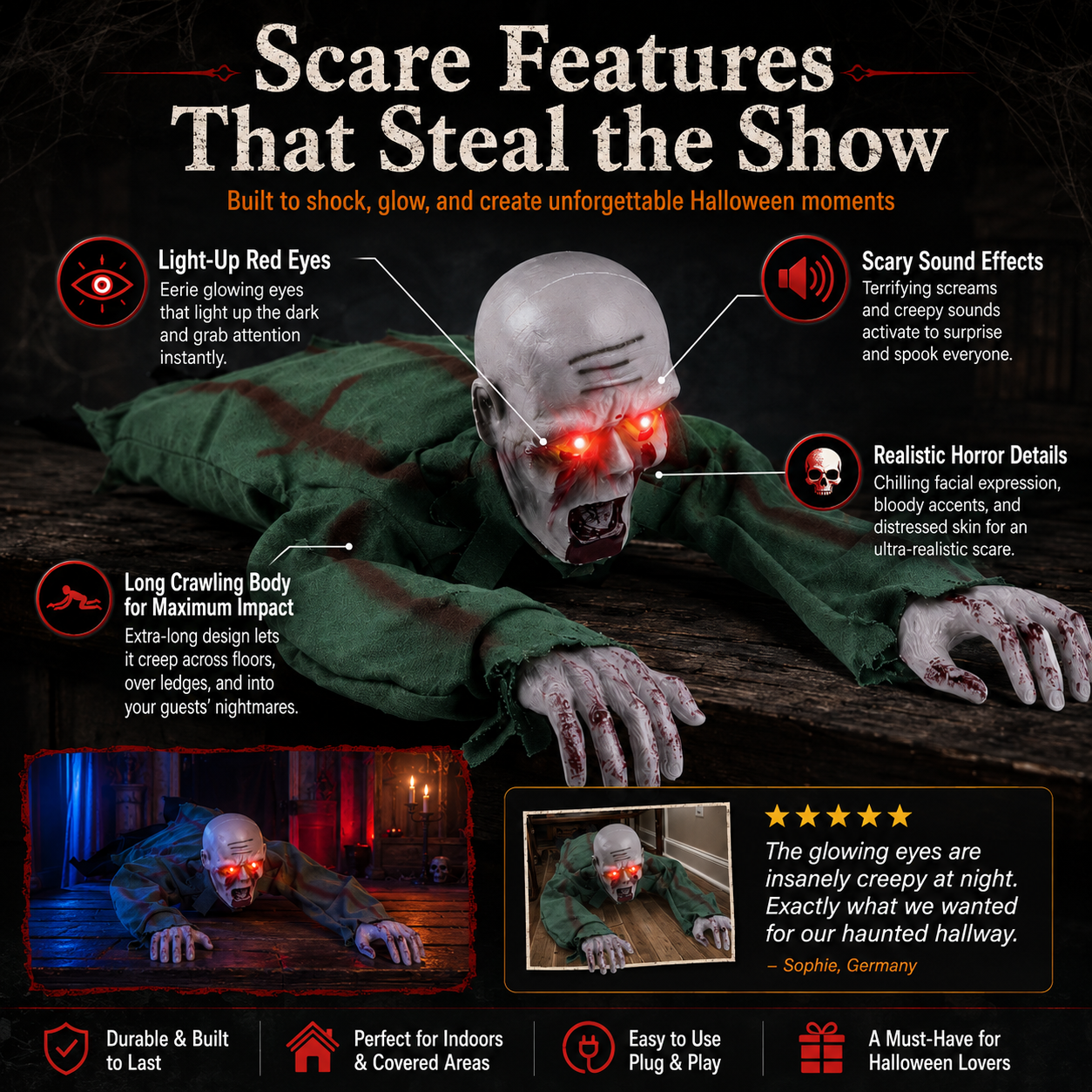 🥳2026 HOT SALE🥳💞50K+ SOLD! 👻🔊 50% OFF! Halloween Crawling Ghost Prop – Motion‑activated, spooky sounds & glowing eyes. 110cm realistic zombie – perfect for yard, graveyard & party scenes! 🎃✨
