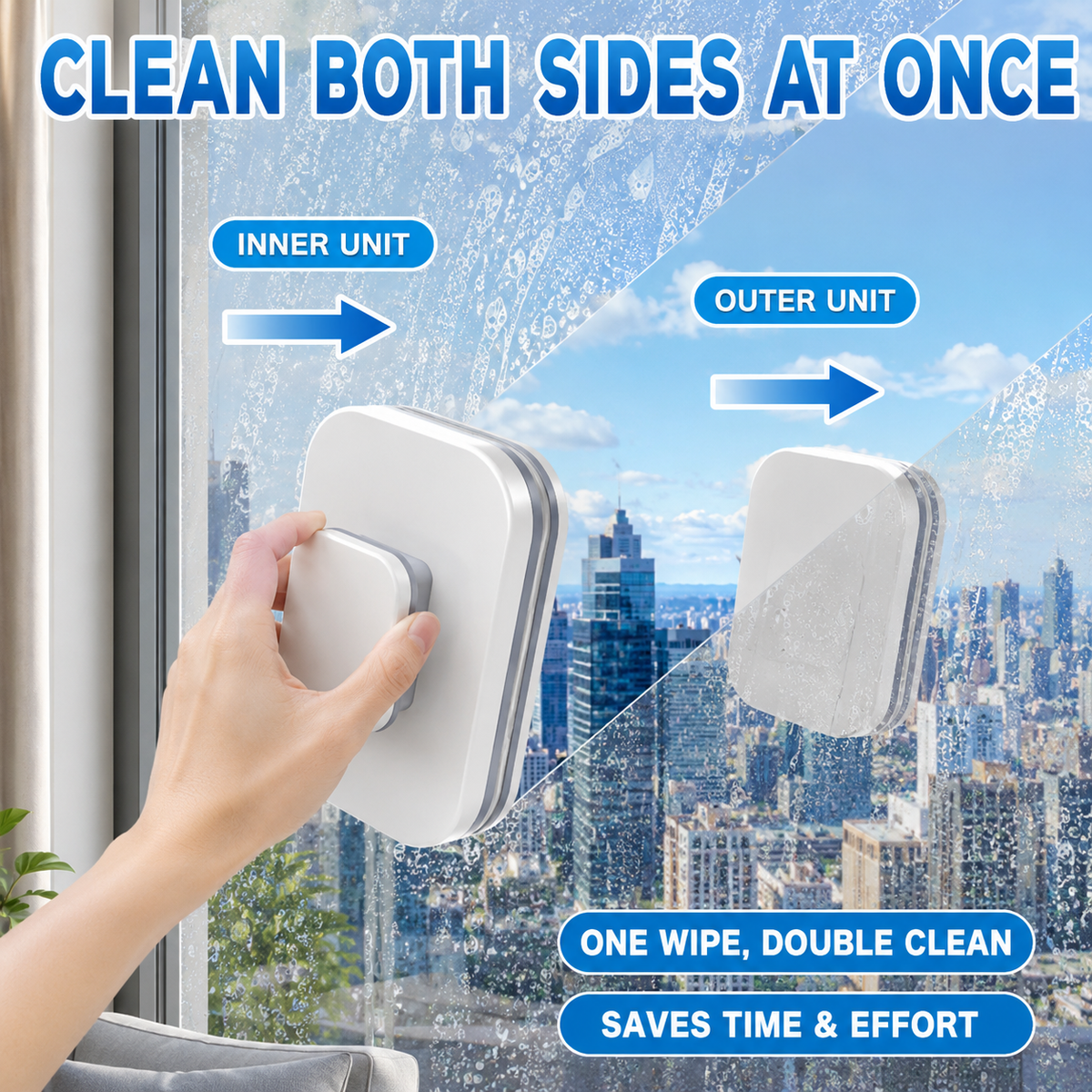 🥳2026 HOT SALE🥳💞50K+ SOLD! ⚡ 50% OFF! 6‑in‑1 Magnetic Glass Cleaner – 30% wider cleaning area, perfect for high‑rise windows. Dual pads + squeegee – flawless results from the first pass! 🧊🌀