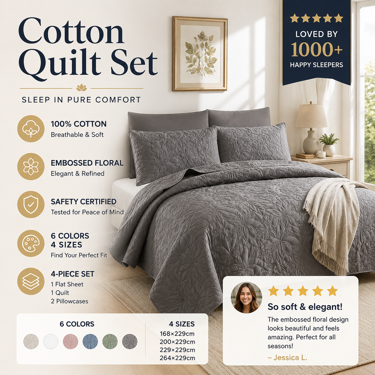🥳2026 HOT SALE🥳💞50K+ SOLD! 🛏️✨ 50% OFF! 100% Cotton Bedding 4-Piece Set – embossed floral pattern, breathable & certified safe. Duvet cover, sheet & 2 pillowcases. Cosy all year round! 🛡️💚