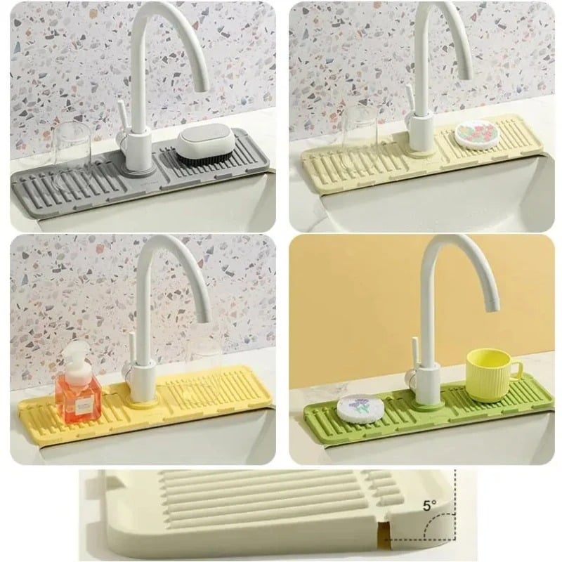🥳2026 HOT SALE🥳💞50K+ SOLD! 💦🚰 Faucet Splash Guard & Draining Mat – stops water splashing on countertops. 5° slope drains instantly, keeps sink area dry & mould-free. Fits most faucets! 🧼✅