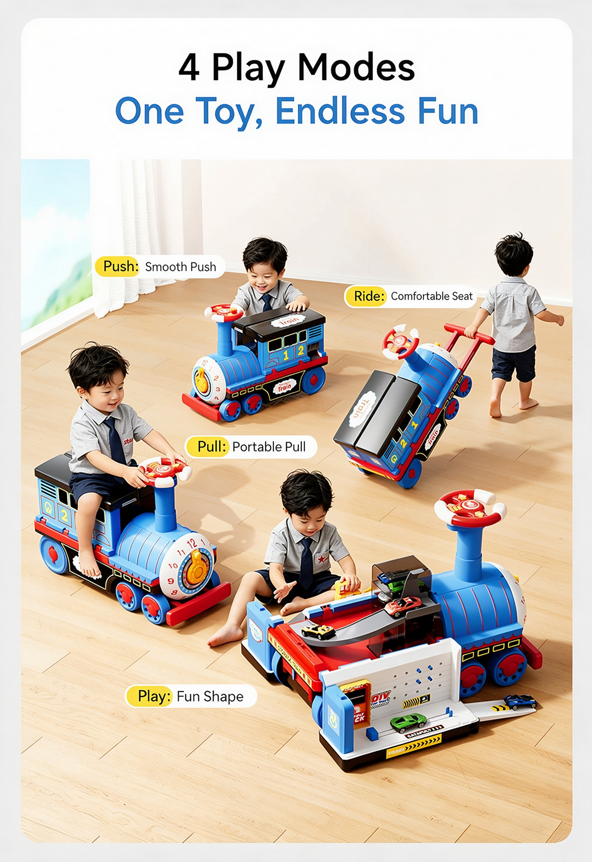 🥳2026 HOT SALE🥳💞50K+ SOLD! 🚂🎁 50% OFF! Large Rideable Toy Train – 4 play modes: push, pull, sit & play. Includes 6/12 die-cast cars & storage wagons. Safe, sturdy, ages 4-6. Perfect Christmas gift! 🛡️✨