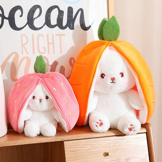 🥳2026 HOT SALE🥳💞50K+ SOLD!🍓🐰 50% OFF! Strawberry Bunny Plush – Transforms into little rabbit! Soft, cute & cuddly. Perfect gift for kids or grandkids. 🎀✨