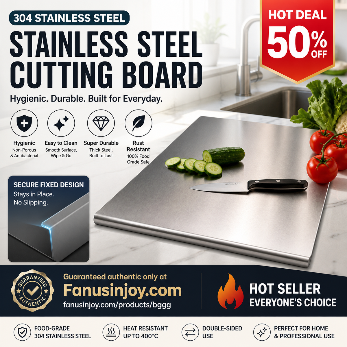 🥳2026 HOT SALE🥳💞50K+ SOLD! 🔪🧼 LIMITED-TIME 50% OFF! 304 Stainless Steel Cutting Board – double-sided, hygienic, moisture-resistant & easy to clean. Say goodbye to stains & odors! 🛡️✨