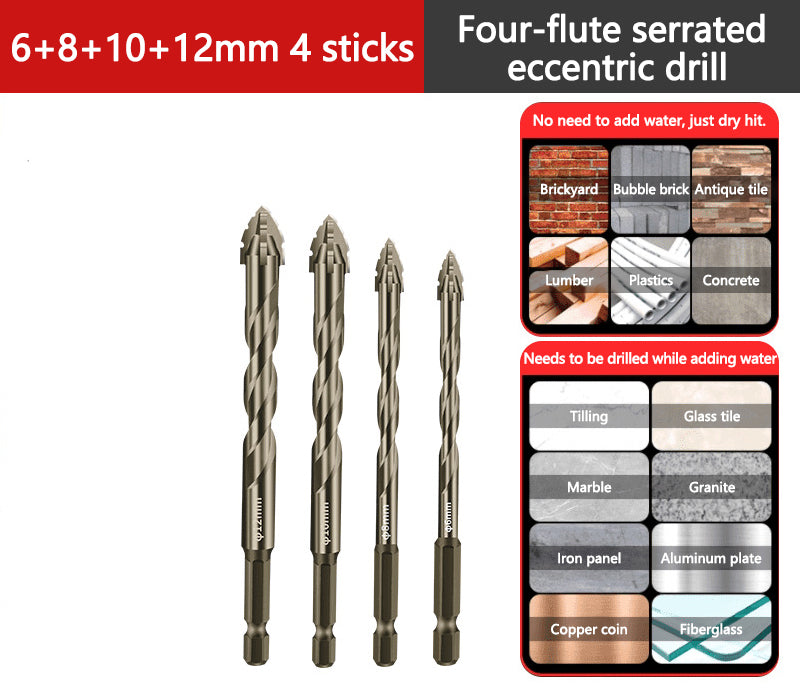 🥳2026 HOT SALE🥳💞50K+ SOLD!🔥🪚 50% OFF! 4‑Flute Serrated Eccentric Drill Bit Kit – 4 cutting edges, titanium‑coated, fast chip removal. Drills tile, wood, metal & concrete. A must‑have for DIYers! ⚡✨